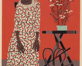 148 Robert Gwathmey (1903-1988) "Portrait of a Farmer's Wife," 1954 Screenprint in colors on paper From the edition of 200 Signed and inscribed in pencil along the lower image edge: -Bob / "To Nickola - ss & my Whatche - My - Name - Bella mucho -Bob." Image: 17" H x 13.25" W; Sight: 17.75" H x 14" W Estimate: $300 - $500
