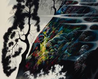 109 Eyvind Earle (1916-2000) "Radiant Splendor," 1990 Screenprint in colors on paper Edition: AP 4/75 (an artist's proof aside from a deluxe edition of 350 with 75 artist's proofs, and a regular edition of 115 with 30 artist's proofs) Signed and numbered in blue ink in the. lower right and left image corners: Eyvind Earle; Accent Studios, prntr.; Martin Lawrence Limited Editions, inc., pub. Image: 34" H x 25.5" W; Sight: 35.25" H x 26.5" W Estimate: $600 - $800