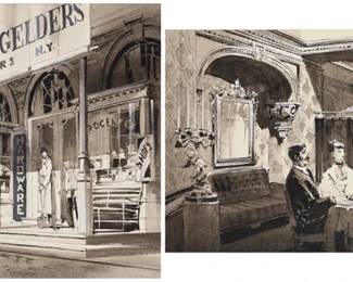 9 Bill Major (20th Century) Two scene studies for "The Matchmaker"  "Exterior Yonkers Street," 1957 Ink and gouache on paper mounted to board A typewritten title in the margin of the board mount; inscribed in pencil: "Illustrator BM / Bill Major" and partially inscribed: "Vandergelders / maker /5/16/57 / BM" with stamped date "May 21, 1957" all on the verso of the board mount Image: 15" H x 21.25" W; Overall: 19.75" H x 25.5" W  "Interior Harmonia Gardens Private Dining Room (A)," 1957 Ink and gouache on paper mounted to board A typewritten title in the margin of the board mount; ink stamped in the lower left corner of the board mount: "Paramount Pictures / Corporation / Art Department"; titled and inscribed in pencil: "Bill Major / Dad says" with stamped date "April 24, 1957" all on the verso of the board mount Image: 8" H x 14.75" W; Overall: 15" H x 20.25" W  2 pieces Estimate: $400 - $600