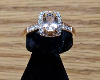 Pink Stone Sterling Ring Size 8 Gold Finish. Missing one stone on the surround.