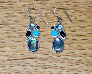  NIB Coldwater Creek Sterling Earrings with Turquoise, Onyx, and Abalone. 1 inch drops.