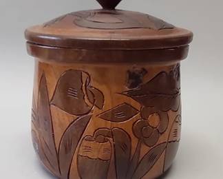 Vintage hand-carved wooden jar with lid