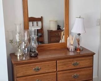 Carolina dresser and mirror, oil lamps and hurricane globes