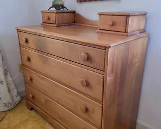 Solid wood dresser with two glove boxes, wall mirror and Victorian lamp