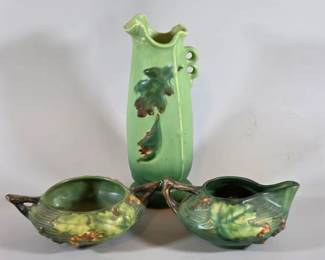 Weller vase and Roseville cream and sugar set