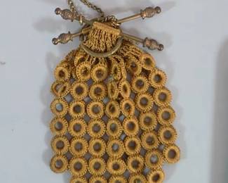 Antique mini crochet handbag with acorn finials, circa 1850