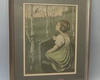 Antique framed lithograph print titled 'Spring Song' by German artist Simon Glucklich