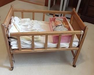Vintage doll cradle, doll, baby clothes and blanket