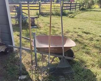 Wheelbarrow, lawn and yard tools