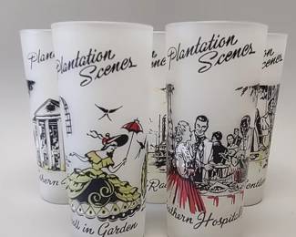 Vintage Libbey Plantation Scenes frosted glass tumblers