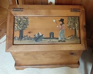 Vintage folk art painted wooden chest or storage box
