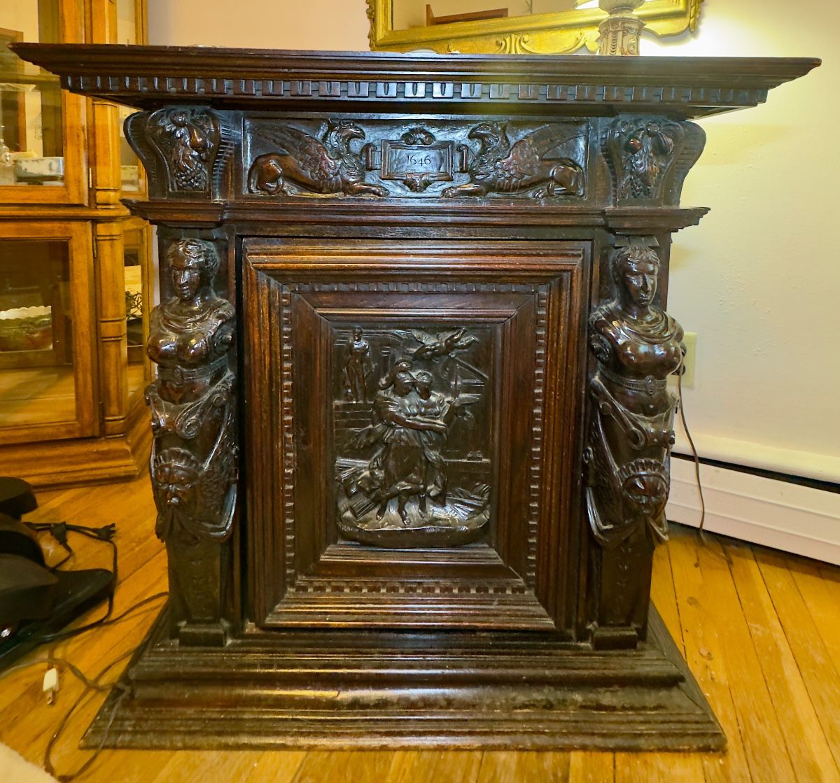 17th century Flemish Renaissance Cabinet, 33.5” x 33.5” x 16.5”. Came from the Vanderbilt mansion here on Staten Island when the United Swedish Societies of New York housed older Swedish immigrants. 