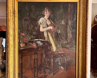 Oil on canvas 18th-19th c, woman with a mandolin. 