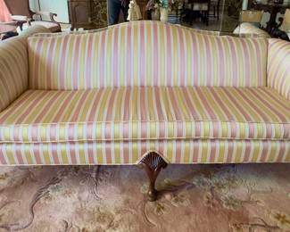 Chippendale style camelback silk sofa. 