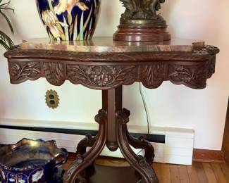 Victorian French mahogany marble topped table.