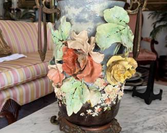 Antique French Barbotine Vase Brass Mountings, 17” H x 13” W