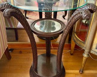 Art Noveau Carved Wood and Glass Side Tables, Two. 
