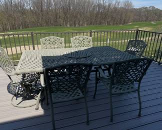 deck table, 6 chairs & umbrella