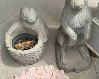 Cement Bunnies And Ceramic Wreath
