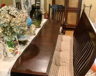 Cherry Mission style dining table, two benches and two end chairs. Extra leaf too! Benches can easily be used elsewhere is chairs are preferred.