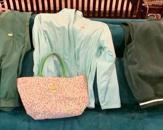 Men’s “Master’s” vests and ladies reversible jacket. And a tote bag for a pimento cheese sandwich!