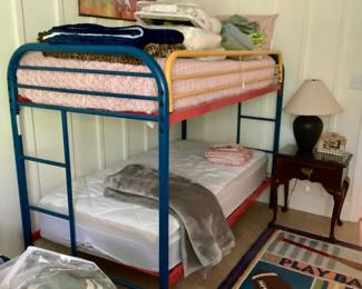 Like new - used when grands visited. Nice clean mattresses,toppers, mattress pads, sheets included.