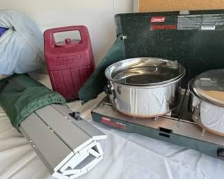 Hardly used Camping Gear-Table, stove, lantern, 2 sleeping bags and cookware!