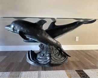 Custom Heavy Cast Dolphin Sculpture Entryway Table Made in Redondo Beach