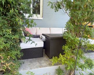 Patio Couch with hand-sewn cushions and Bonfire Table