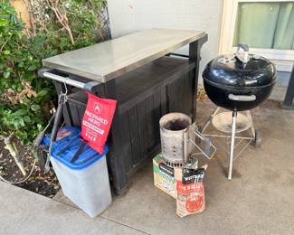 Shown:   Grill Table and Weber classic chargoal grill + accessories.  Handle on grill needs a new nut.  Both table and grill come with covers.