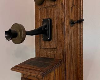Old-Style Wooden Crank Payphone (has some damage)