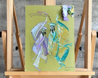 “Dancers/Dreams”, an original gouache work of art, signed by artist Berliner circa 1971. Measures, 16” H x 12” W.