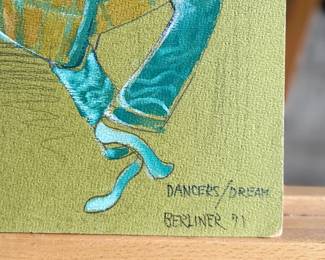 “Dancers/Dreams”, an original gouache work of art, signed by artist Berliner circa 1971. Measures, 16” H x 12” W.