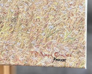 “Confrontation”, a limited edition giclee canvas print by listed artist, Simon Combes. Measures in frame, 18” H x 36” W.   