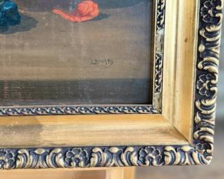 A beautiful antique oil painting signed by unknown artist. Housed in a stunning wooden frame and measures in frame, 20.5” H x 28.5” W.