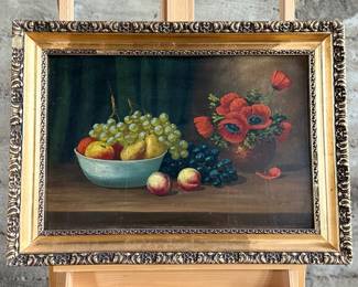A beautiful antique oil painting signed by unknown artist. Housed in a stunning wooden frame and measures in frame, 20.5” H x 28.5” W.