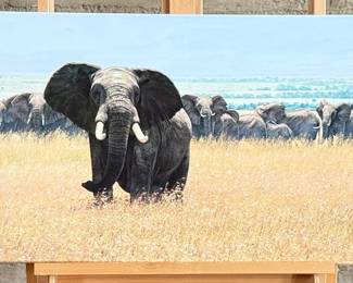 “Confrontation”, a limited edition giclee canvas print by listed artist, Simon Combes. Measures in frame, 18” H x 36” W.   