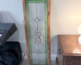 Stained Glass Panel with Floral Motif and Oak Frame