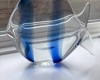 Murano Style Art Glass Fish Sculpture with Blue Stripes