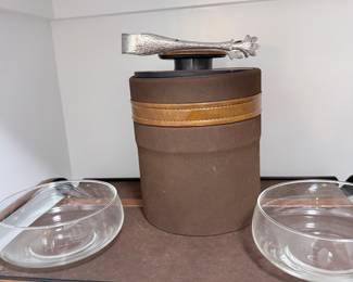 Vintage Ice Bucket with Tongs and Glass Bowls