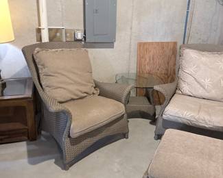 Wicker Patio Set with Ottoman and Glass-Top Table