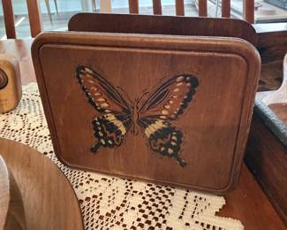 Vintage Wooden Napkin Holder with Monarch Butterfly Inlay