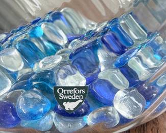 Orrefors Sweden Glass Bowl with Blue and Clear Glass Pebbles