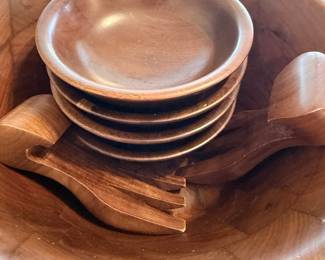 Vintage Vermillion Walnut Wood Salad Bowl Set with 4 Small Bowls and Servers
