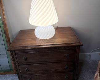 Vintage Oak Nightstand with White Swirl Mushroom Glass Lamp
