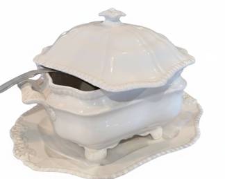 White Ironstone Soup Tureen with Ladle and Underplate