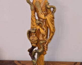 Vintage Asian Woman Statue with Snakes and Fan