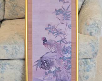 Framed Pheasant and Bamboo Silk Painting