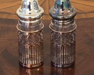Pair of SilverPlated Glass Salt and Pepper Shakers with Filigree Cages