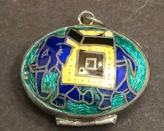 Vintage Enamel Locket with Camel and Elephant Motifs, Sterling Silver 